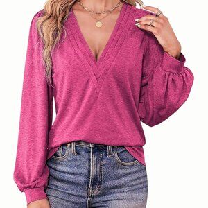 Agnes Urban S Pink V-Neck Long Sleeve Shirt Casual Puff Sleeve Loose Fit